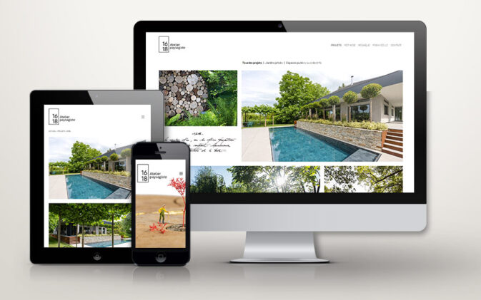 Aperçu du site de l'Atelier 1618 en version ordinateur, tablette et smartphone.