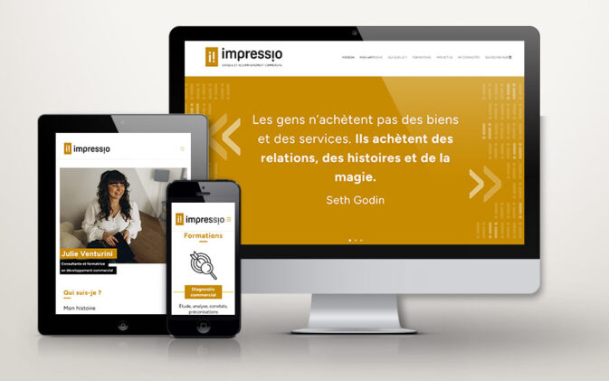 Aperçu sur 3 écrans du site WordPress one-page Impressio